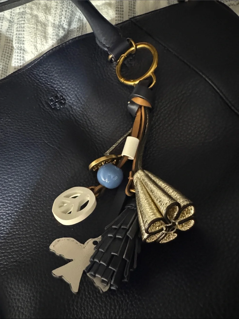 Tory Burch Navy Leather Satchel with Gold Tassel Charm
